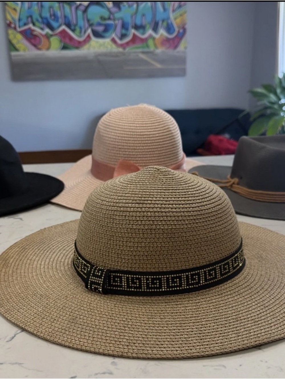 Woven Straw Sun Hat with Black Beaded Band - Neutral Tan
